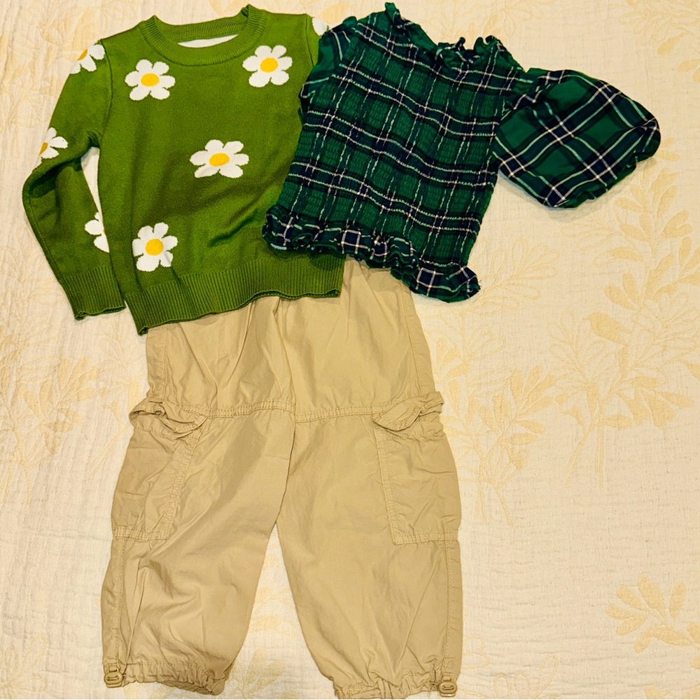 Janie and Jack Green Floral Sweater and Plaid Top Set
